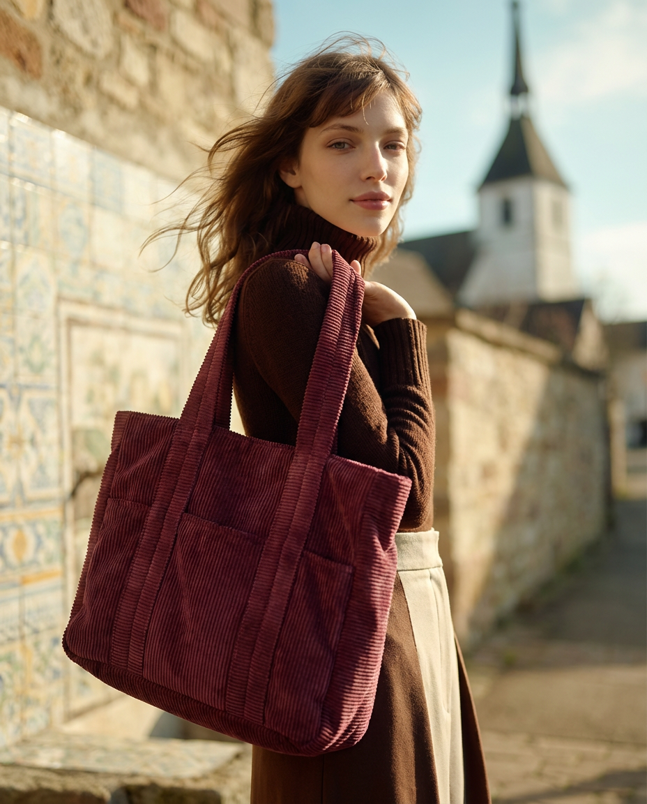 Pack mamá & bebé · Bonnet y bolso Albahaca pana granate