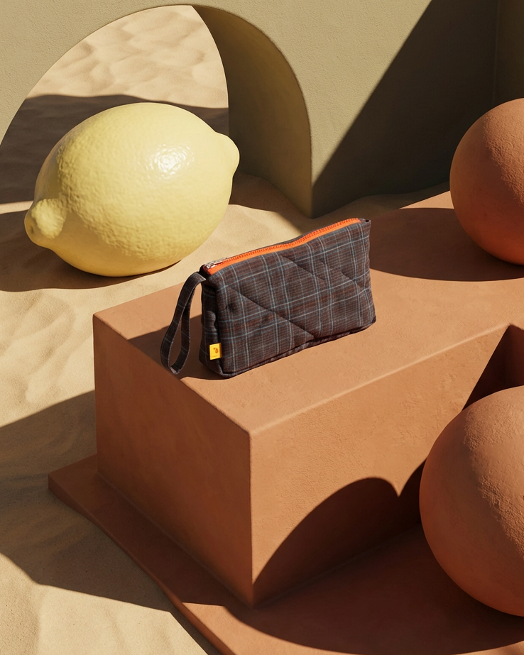 Neceser cuadros marrón y azul