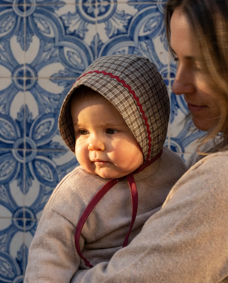 Bonnet bebé cuadros caqui