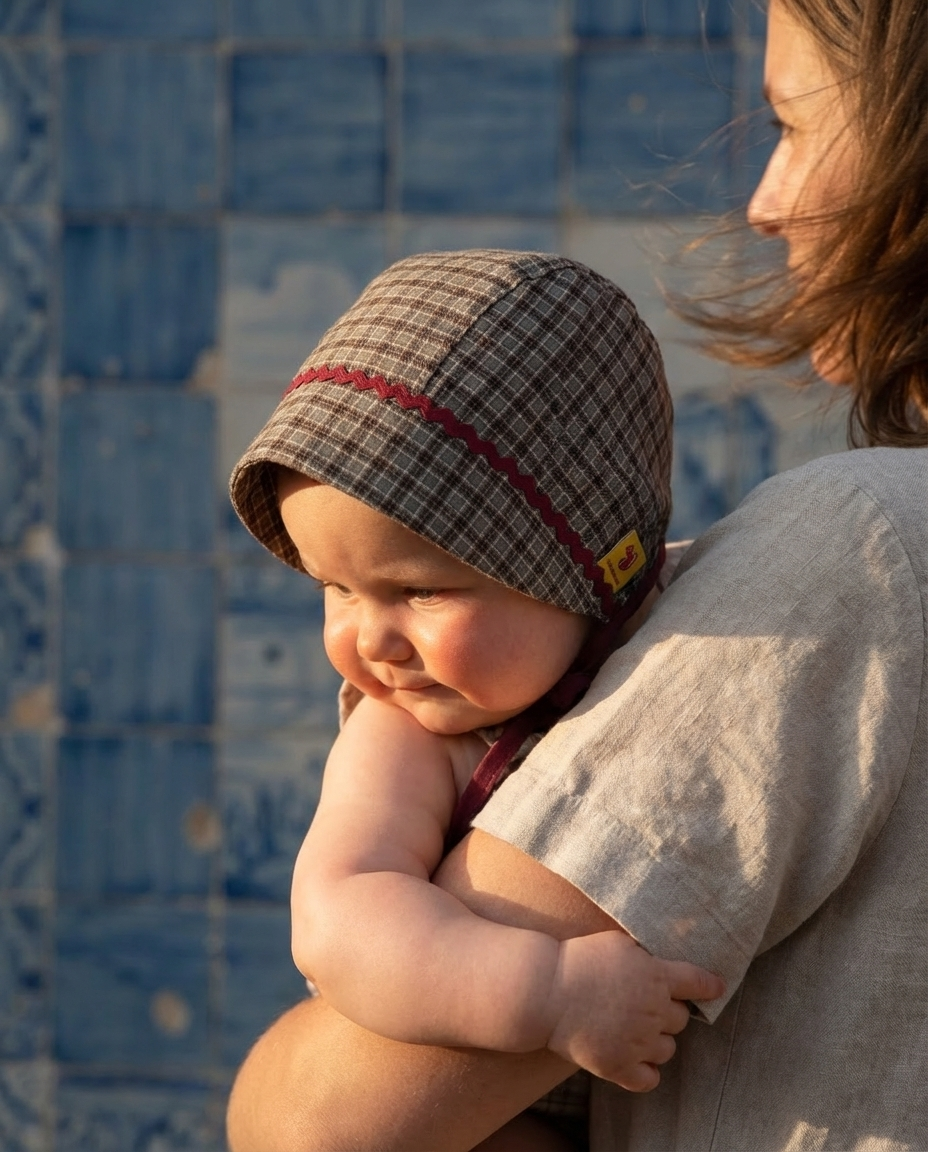 Bonnet bebé cuadros caqui