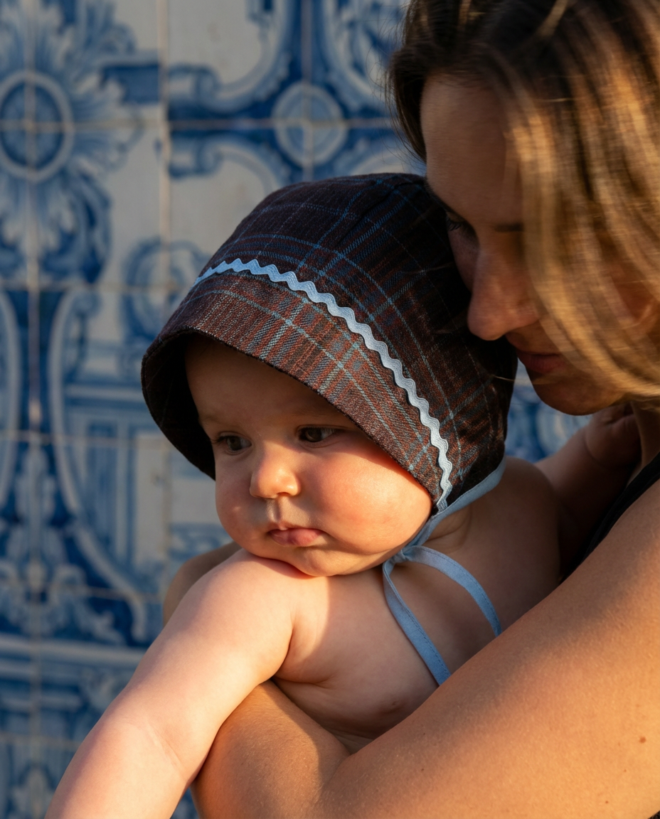 Bonnet bebé cuadros azules