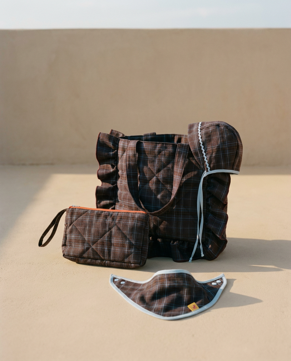 Pack mamá & bebé · Bonnet, bandana, neceser y bolso Copenhagen cuadros marrón