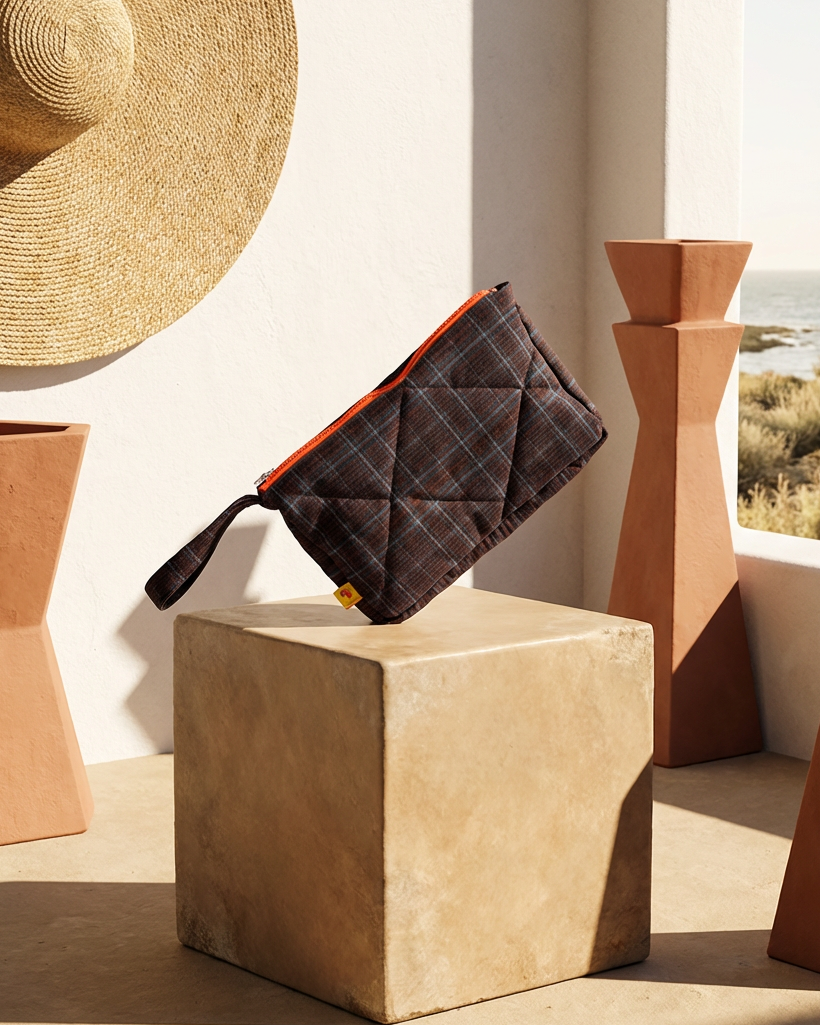 Neceser cuadros marrón y azul