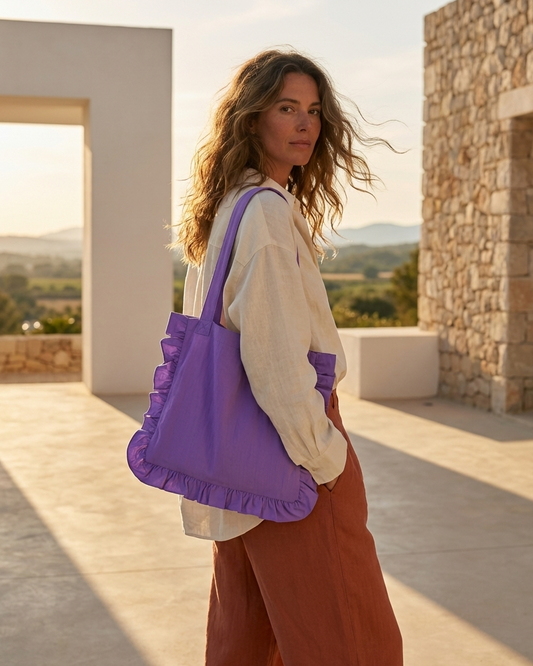 Bolso tote bag con volantes lila