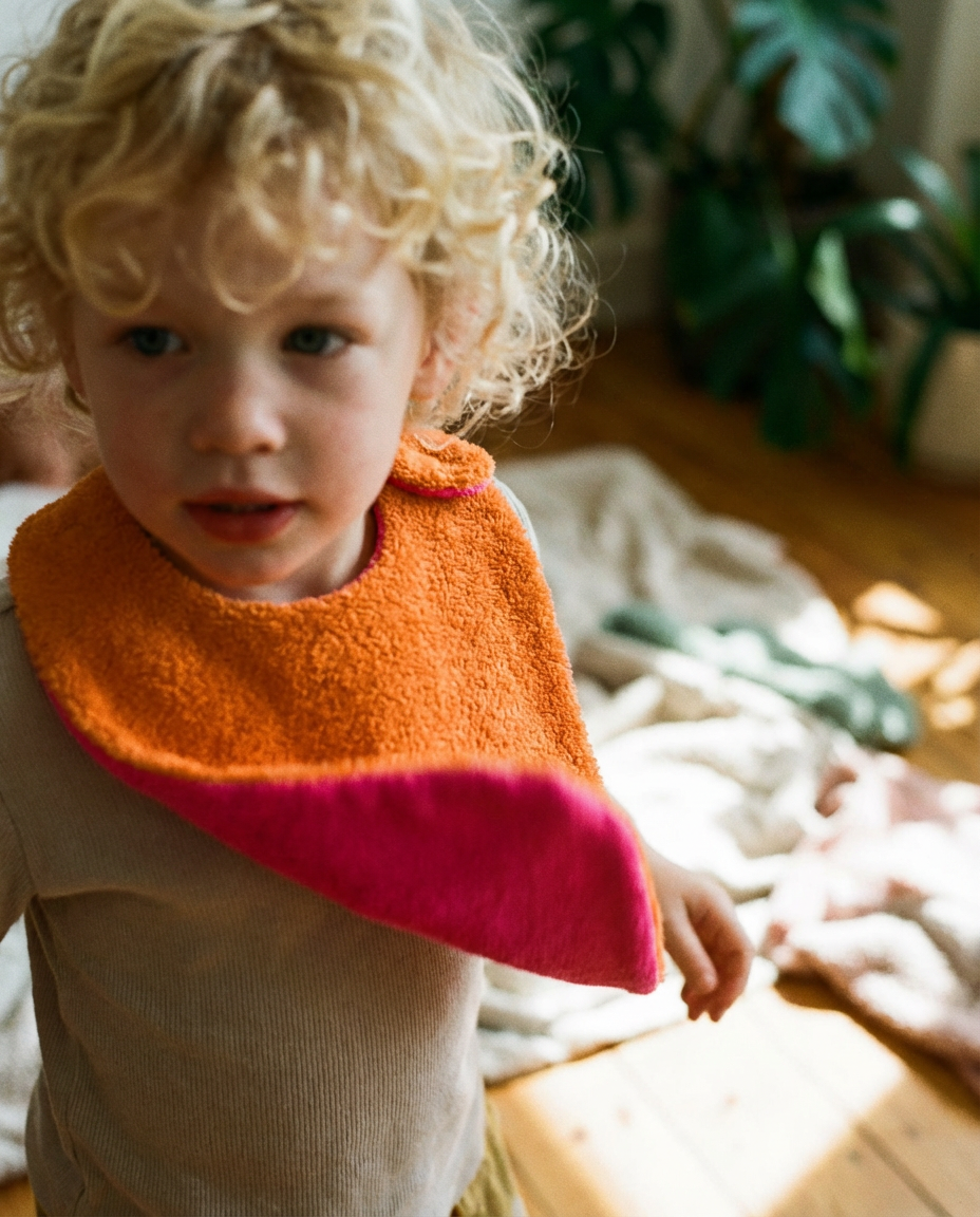 Reversible orange/fuchsia cotton terry bib