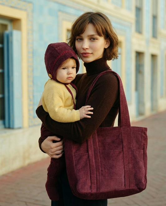 Pack mamá & bebé · Bonnet y bolso Albahaca pana granate