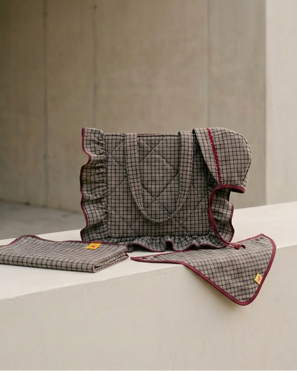 Pack mamá & bebé · Bonnet, bandana, muselina y bolso Copenhagen caqui