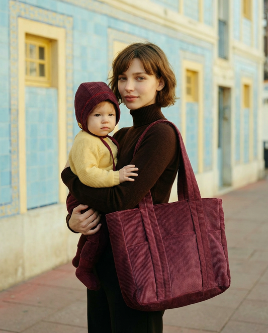 Pack mamá & bebé · Bonnet y bolso Albahaca pana granate