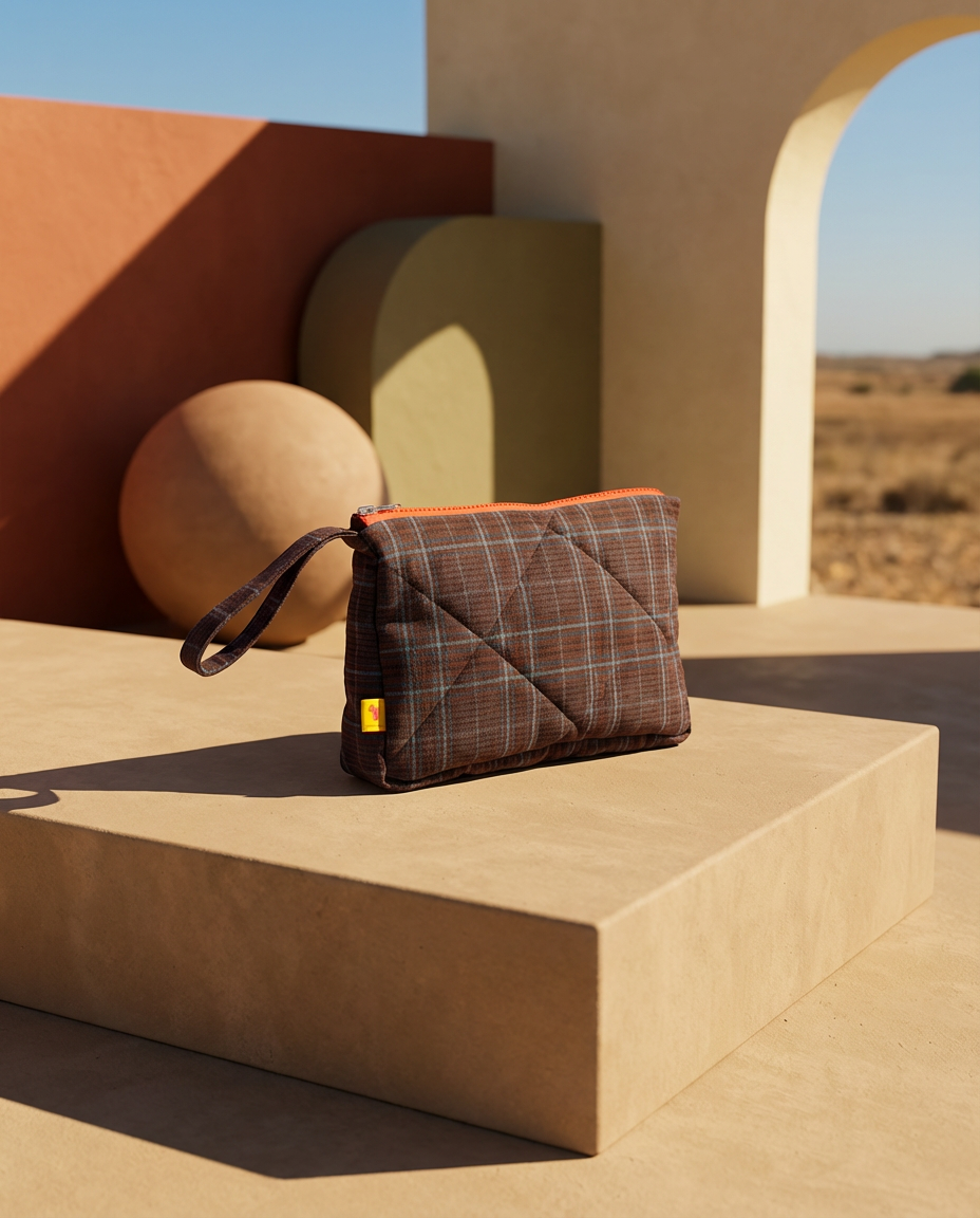 Neceser cuadros marrón y azul