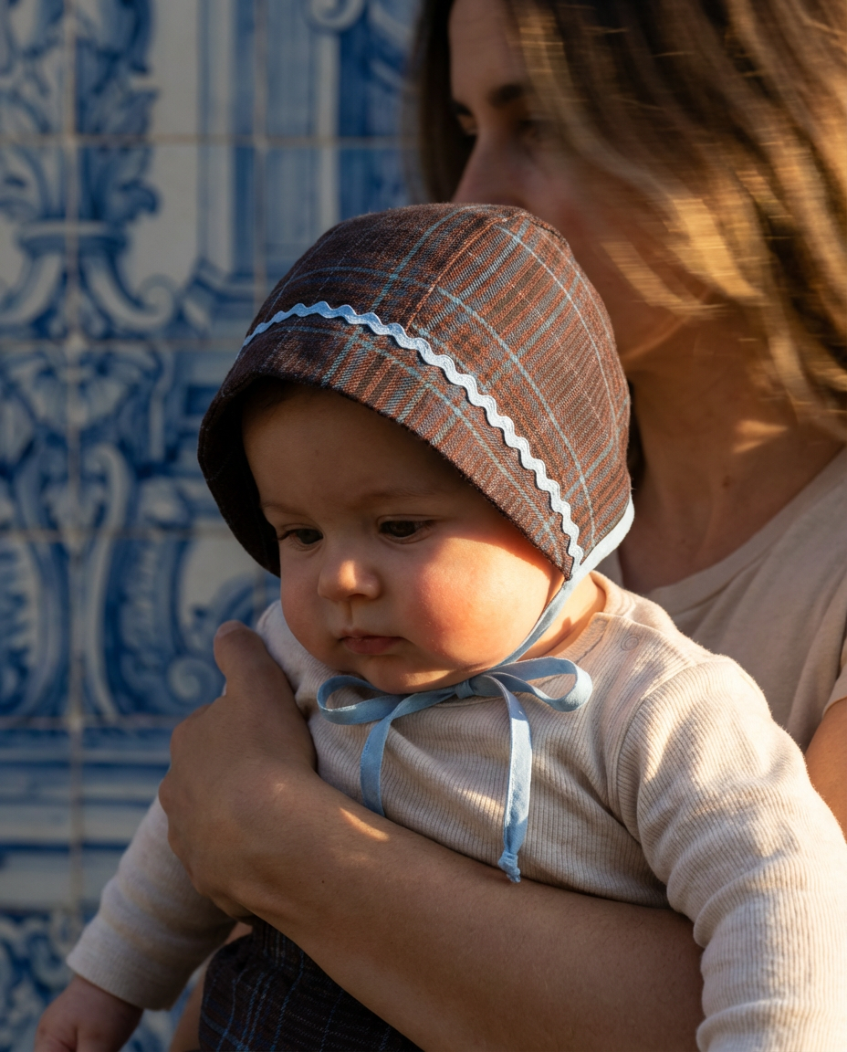 Bonnet bebé cuadros azules