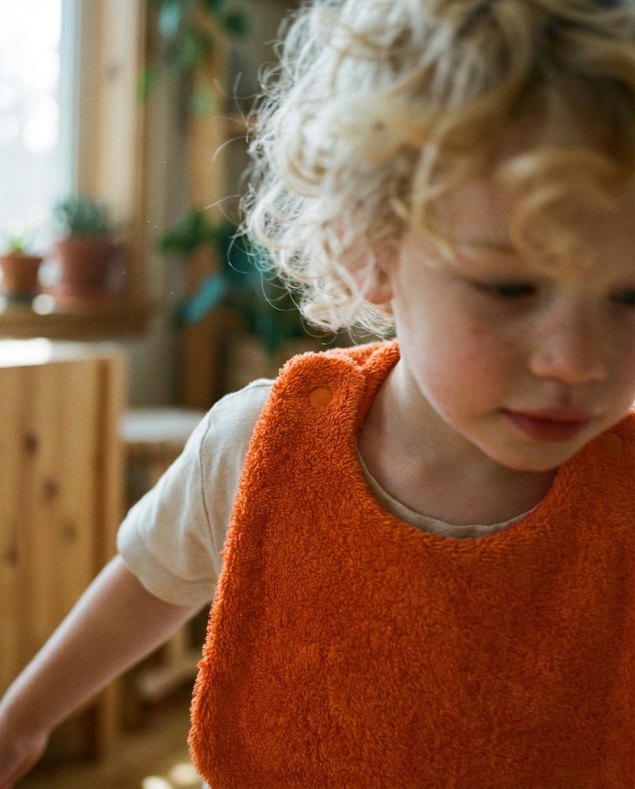 Reversible orange/fuchsia cotton terry bib