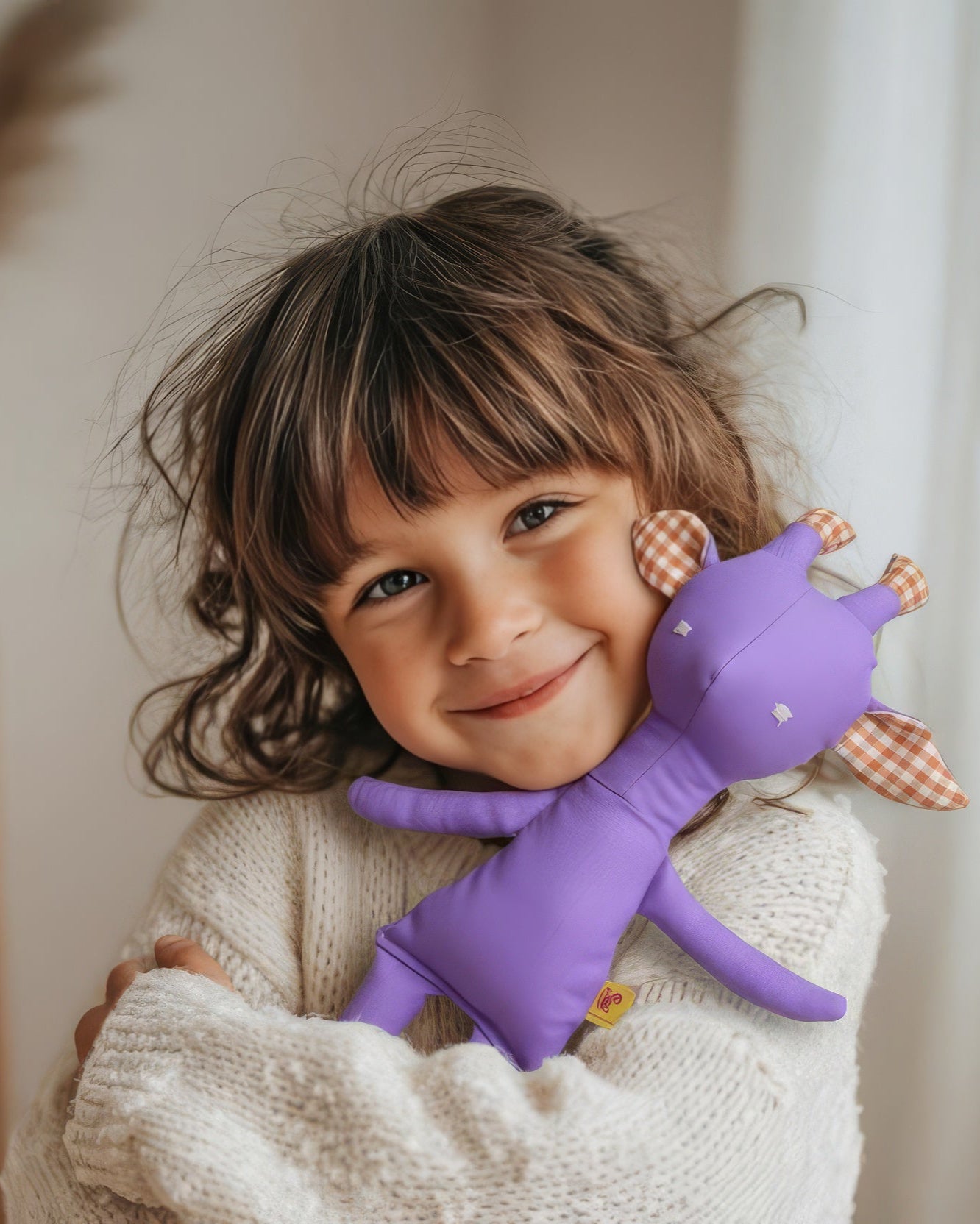 Theodora the Giraffe in lilac and large gingham
